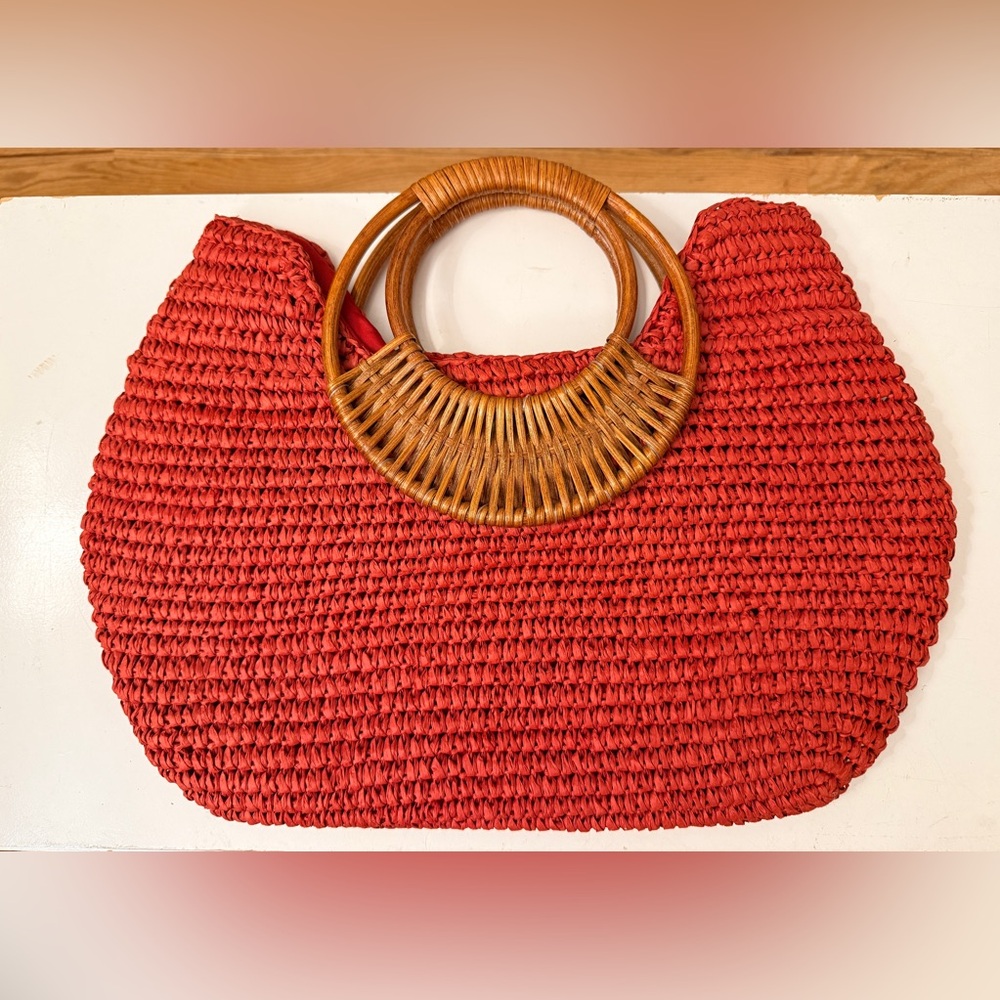 Straw Studios Woven Raffia Tote Wood Handle Boho Summer Bag - Picture 5 of 9